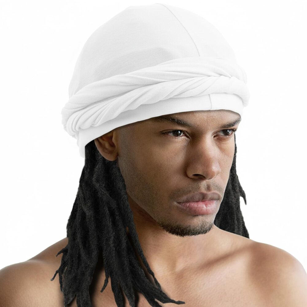 3278 Satin Lined Turban Durag – Infinity Loop Tail Headwrap – White Durag